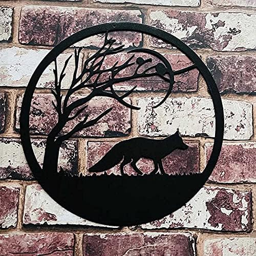 Black Fox Metal Wall Art For Outdoor Animal And Tree Silhouette Round Garden Decor Sculptures Metal Hanging Decoration