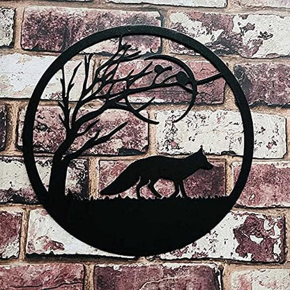 Black Fox Metal Wall Art For Outdoor Animal And Tree Silhouette Round Garden Decor Sculptures Metal Hanging Decoration