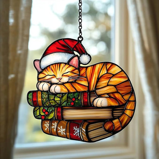 Cute Sleeping Cat Santa Claus Hat Acrylic Suncatcher Stained Glass Effect Window Car Hanging Christmas Ornament Indoor Outdoor Decor Garden Sun Catcher Panel Gifts for Cat Lover for Women Mom Grandma
