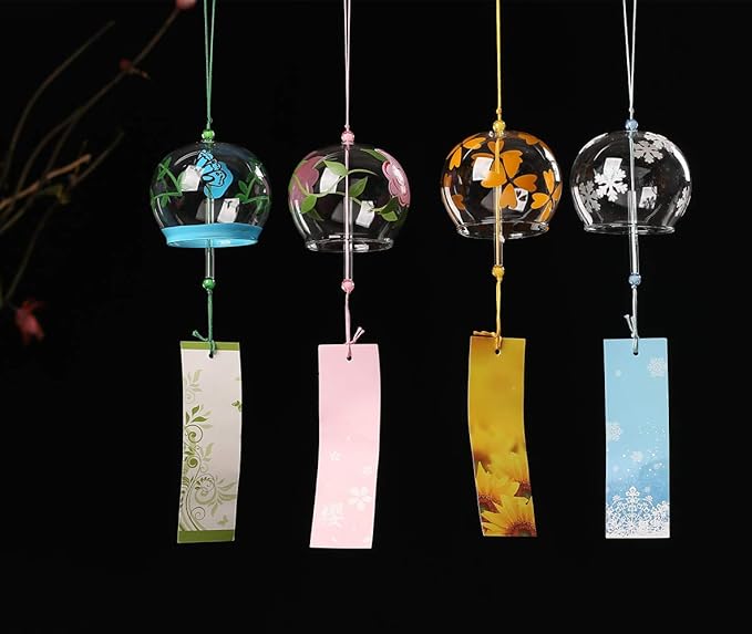 Falytemow Japanese Wind Chimes Romantic Flowers Small Wind Bells Handmade Glass Japanese Style Pendant for Birthday Present Home Decors (Pink Rose, Four Leaf Flower, Butterfly, Snowflake, 8 cm)