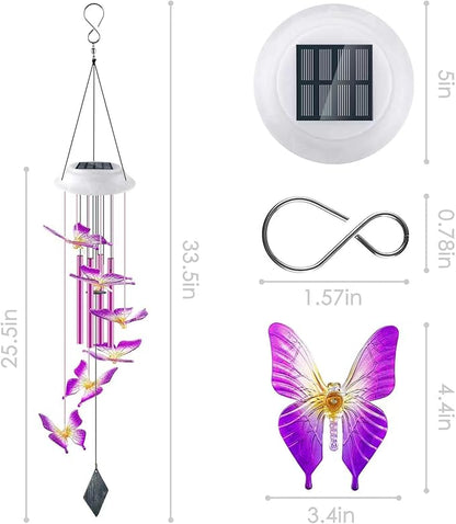 Lightalent Solar Butterfly Wind Chimes, Gifts for Mom Women, Glowing Top Changing Colors LED Wind Chime for Outside with 4 Iron Tubes, Outdoor Decor Mobile for Garden Yard (Purple)