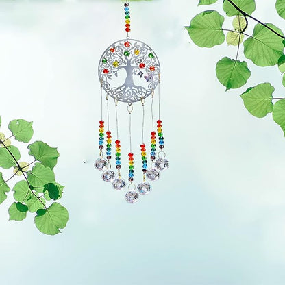 Hanging Crystal Suncatcher Rainbow Window Prism Chakra Tree of Life 7 Prism Ball Suncatcher Rainbow Maker Handmade Glass-gem Binding Gifts for Girl, Mom and Daughters, Grandma by KEINIA