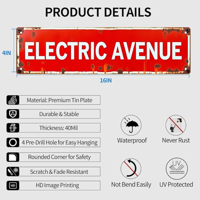 16 * 4 Inches Retro Tin Sign "ELECTRIC AVENUE" - Outdoor Decor for Garage/Bedroom/Patio - Quirky Wall Decor, Metal Signs, Beachy Room Decor