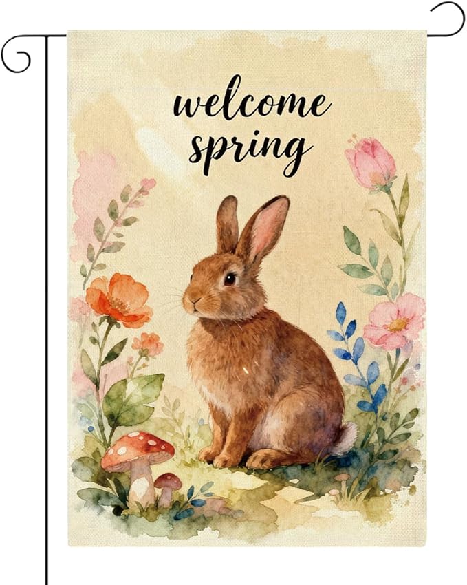 Hello Spring Bunny Easter Garden Flag Oil Painting Rabbit Boho Easter Garden Flag Decor Spring Double Sided House Flag for Outside Yard Decorations 12×18 Inch