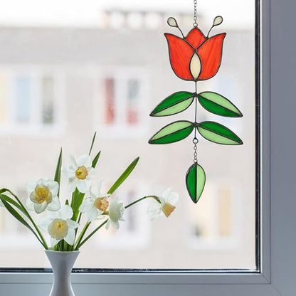 Tulip Acrylic Suncatcher Vintage Flower Window Hanging Decor Colorful Sun Catcher Modern Folk Art Home Decoration for Windows Patio Indoor Spaces Hanging Ornament 9.8" x 4.7"