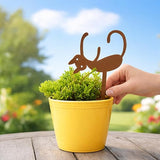 Sleepy Cat Metal Plant Stake - Garden Decoration Powder Paint Coating Gardenpot Pick-Steel-Brown