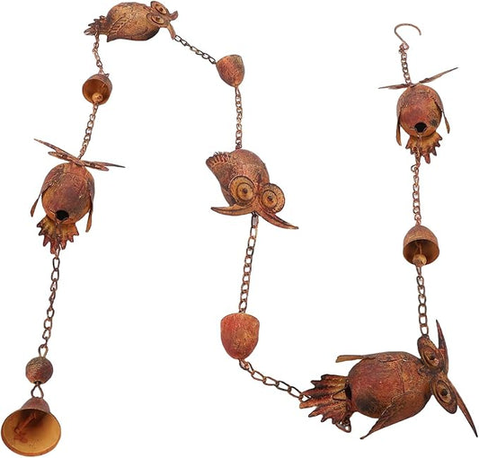 Owl Rain Chain, Bronze Metal Bird Rain Catcher Chain with Bell 90.6 inch Adjustable Metal Rain Chain for Garden Decoration Eave Device