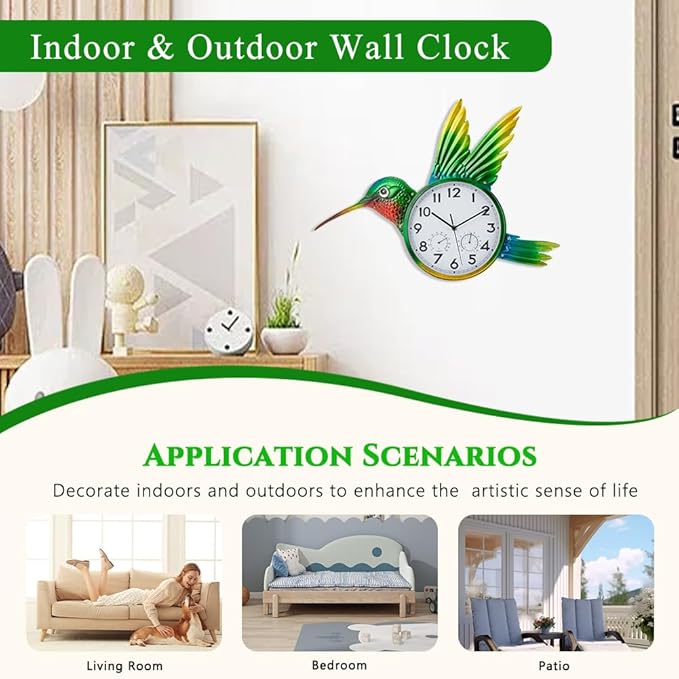 Large Outdoor Clock with Thermometer & Humidity - Silent Non-Ticking, Hummingbird Outdoor Wall Clock for Patio, Garden, Kitchen, Living Room(Green)