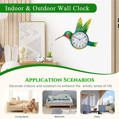Large Outdoor Clock with Thermometer & Humidity - Silent Non-Ticking, Hummingbird Outdoor Wall Clock for Patio, Garden, Kitchen, Living Room(Green)