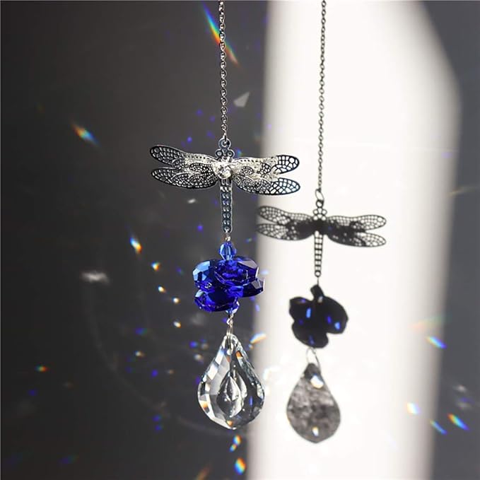 WEISIPU Crystal Suncatcher Prism - Dragonfly Suncatchers for Windows Hanging Rainbow Maker, K9 Crystal Metal Dragonfly Ornament, Christmas Tree Decor, Gifts (Blue)