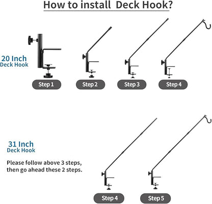 ULIOK 2 Pack Heavy Duty Deck Hook, 31 Inch Extended Adjustable, 360° Rotatable Arm Solid Rod, Solid Steel Deck Hangers for Hanging Bird Feeders, Plants, Planters, Suet Baskets, Lanterns, Wind Chime