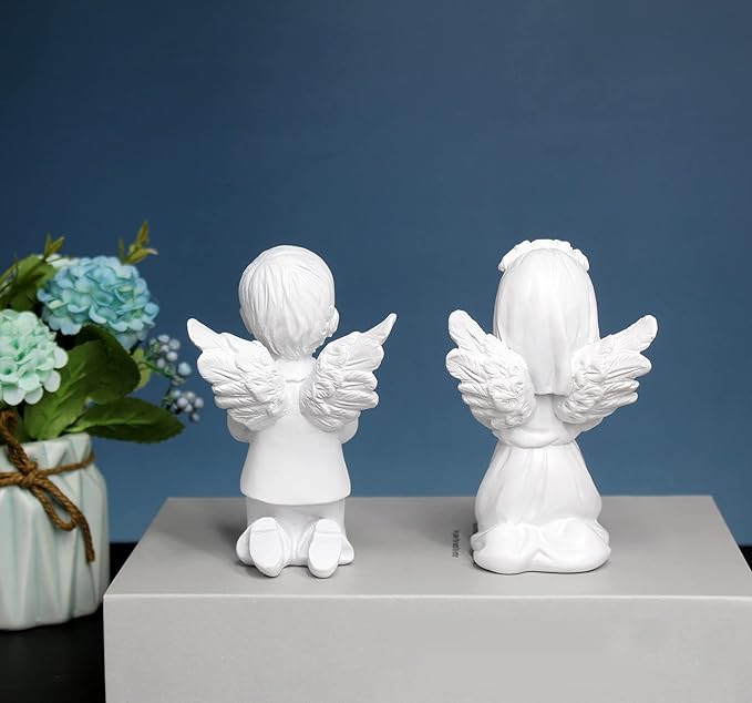 YUEOECOR 2PCS Cherubs Angels Resin Garden Statue Figurine, Adorable Angel Sculpture Memorial Statue Indoor Outdoor Home Garden Decoration (A 2PCS White)