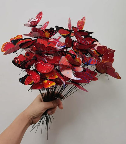 3D Butterfly Garden Stake Decor,10" PVC Butterfly Garden Decor for Outside,Shaking Head Artificial Butterflies for Cake Bouquet Wall Lawn Pathway Plant Pot Flower Bed Yard Decor (50, Red)