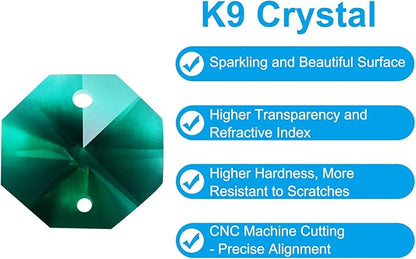 PATIKIL K9 Crystal Octagon Beads 2 Holes Pendants, 60 Pack 14mm Chandelier Prisms Parts Ornaments Hanging Beads for DIY Arts Crafts Decoration, Dark Green