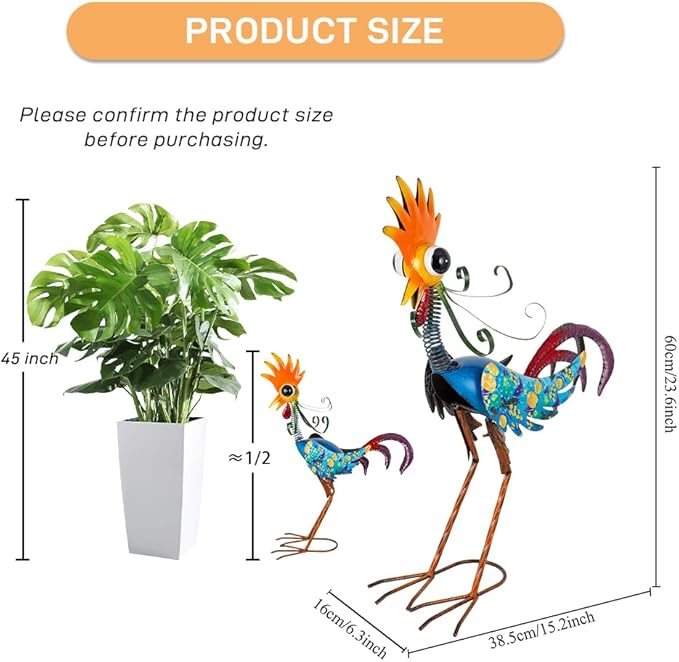 Metal Wacky Rooster Garden Statues Outdoor Decor, 23'' Rooster Decor Chicken Yard Sculptures Art Decoration for Home Outsiede Patio Lawn Backyard, Gift for Women Lovers Moms(Blue)
