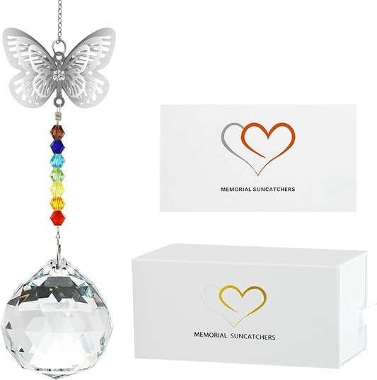 Merrynine Crystal Suncatcher, K9 Crystal Sun Catcher for Window Prism Ball, Unique Pendant Gift, Rainbow Maker with Butterfly Chain for Easy Hanging Indoor Outdoor Decoration (Butterfly Prism Ball)