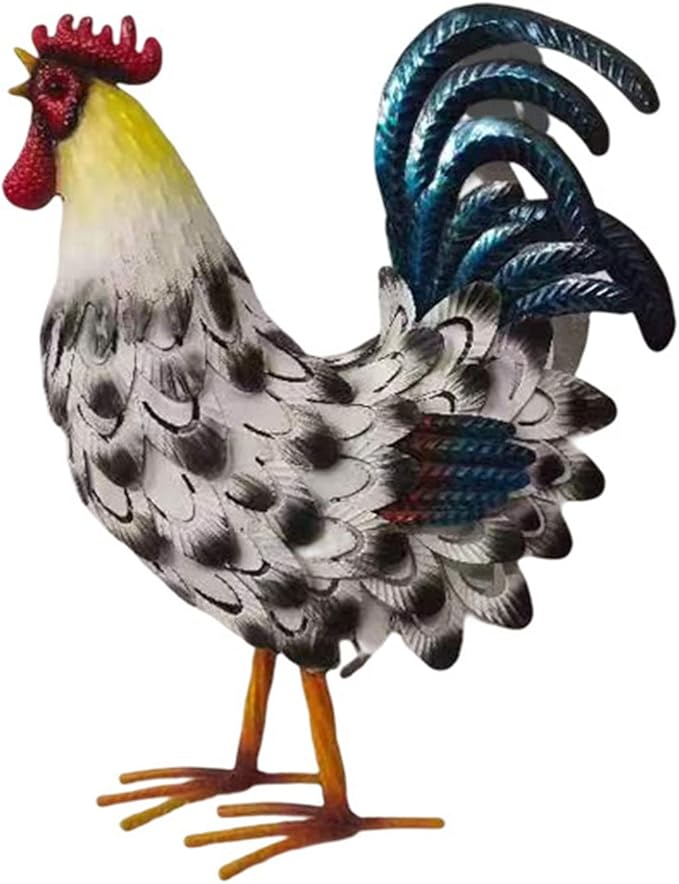 Metal Rooster Decor， Chicken Animal Yard Art Lawn Ornament Figurines Artwork for Outdoor, Patio,Backyard and Home Kitchen Decoration (Black and White)