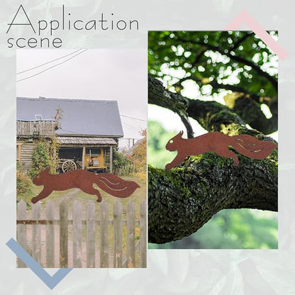 CREATCABIN 2Pcs Metal Squirrel Outdoor Decor Garden Silhouettes with Screws Rusty Running Squirrel Animal Iron Exquisite Art Sculpture Ornament for Outdoor Garden Tree Yard Home Decor 11.8 x 3.93 Inch
