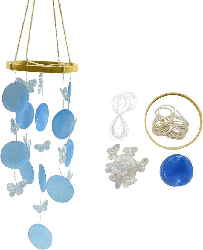 Wind Chimes Making Supplies Kits for Adults Arts and Crafts-DIY Wind Chime Parts with Butterfly Round Capiz Shells Twine String Bamboo Hoops Fishing Line,Gifts for Mom Women (Blue)