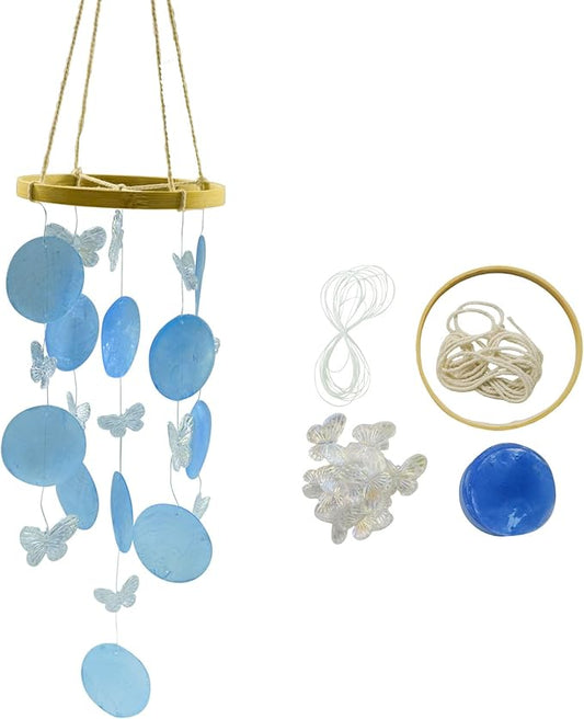 Wind Chimes Making Supplies Kits for Adults Arts and Crafts-DIY Wind Chime Parts with Butterfly Round Capiz Shells Twine String Bamboo Hoops Fishing Line,Gifts for Mom Women (Blue)