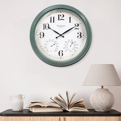 18 Inch Maison in/Outdoor Clocks Waterproof, Large Outdoor Clock Thermometer Combo, 3 in 1 Weather Stations,Aged Teal