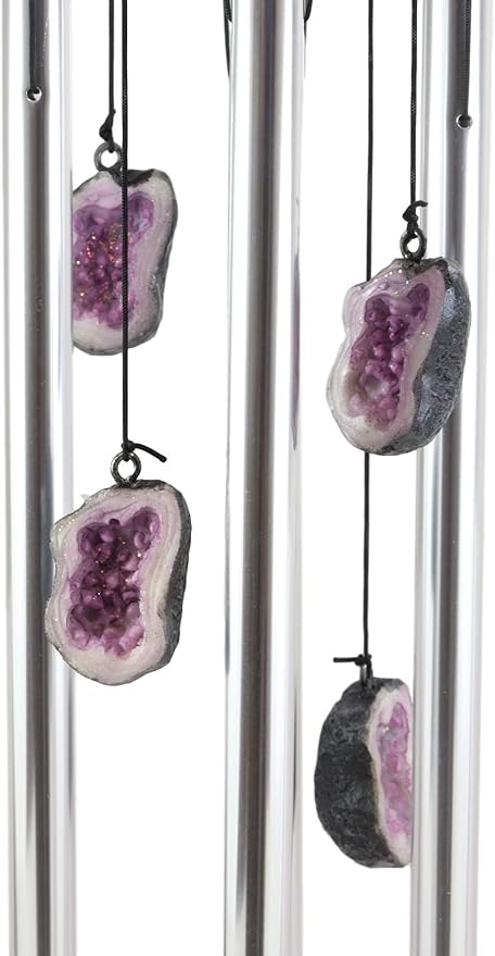 Ebros Gift Medieval Purple Dragon Guarding Topaz Crystal Geode Rock Figurine Crown Top Resonant Wind Chime with Miniature Geode Rocks Ornaments for Garden Patio Home Fantasy Dungeons and Dragons