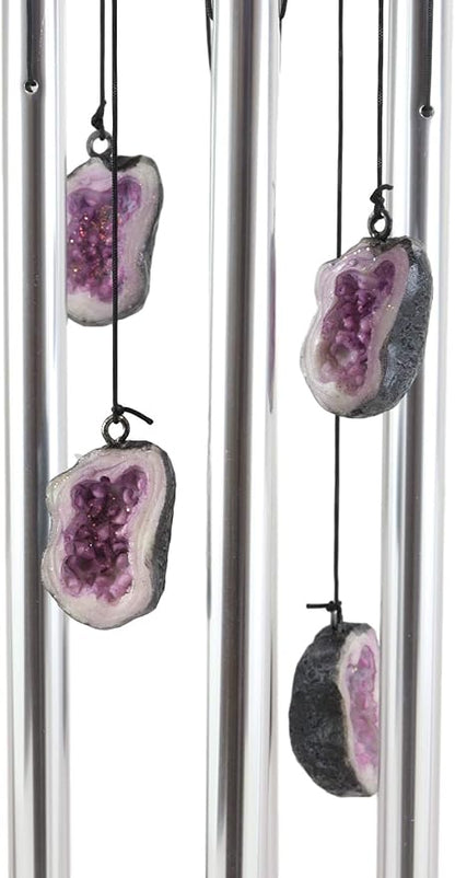 Ebros Gift Medieval Purple Dragon Guarding Topaz Crystal Geode Rock Figurine Crown Top Resonant Wind Chime with Miniature Geode Rocks Ornaments for Garden Patio Home Fantasy Dungeons and Dragons