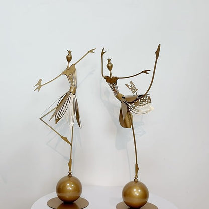 Garden Metal Statue Outdoor Dancing Girl Bird Art Farmhouse Footpath Yard Ornament Sculpture Vintage Style (B, One Size)