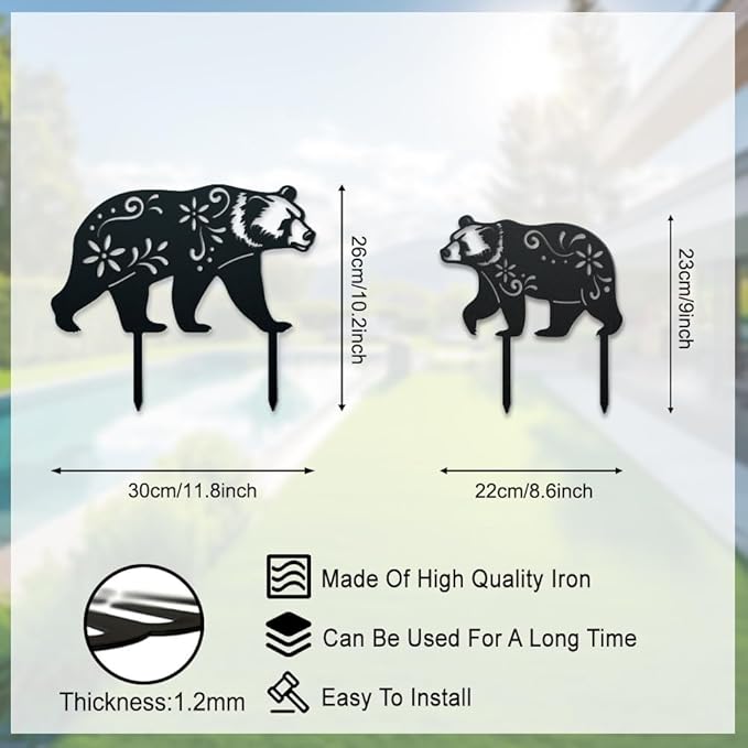 WADORN Bear Metal Outdoor Statues Silhouette, Funny Bear Metal Decorative Garden Stakes Bear Flower Silhouette Ornament Gift Funny Outdoor Decor for Garden Backyard Patio Lawn Walkways Outdoor