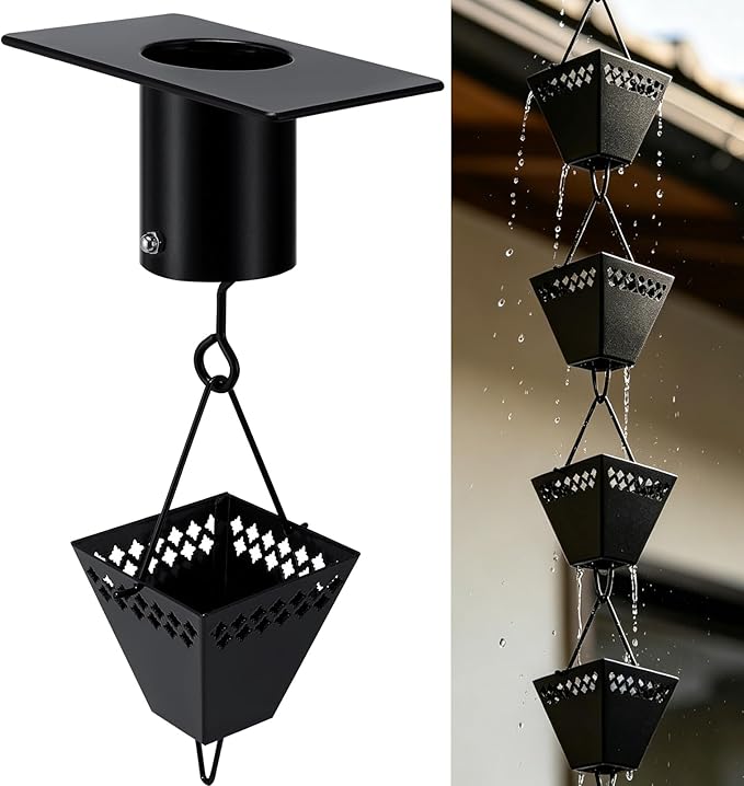 Square Rain Chains for Gutters Outside Black Powder Coated Downspouts Rain Catcher Diverter Metal Outdoor Decorative, 8.5 FT, w/V Gutter Clip for Rain Chains