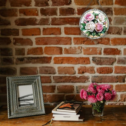 Handmade Rose Stained Glass Sun Catcher - Elegant Floral Window Hanging Ornament, Suncatcher for Home & Garden Decor, for Valentine's Day, Weddings & Mother's Day (Pink, 6.3 * 6.3IN)