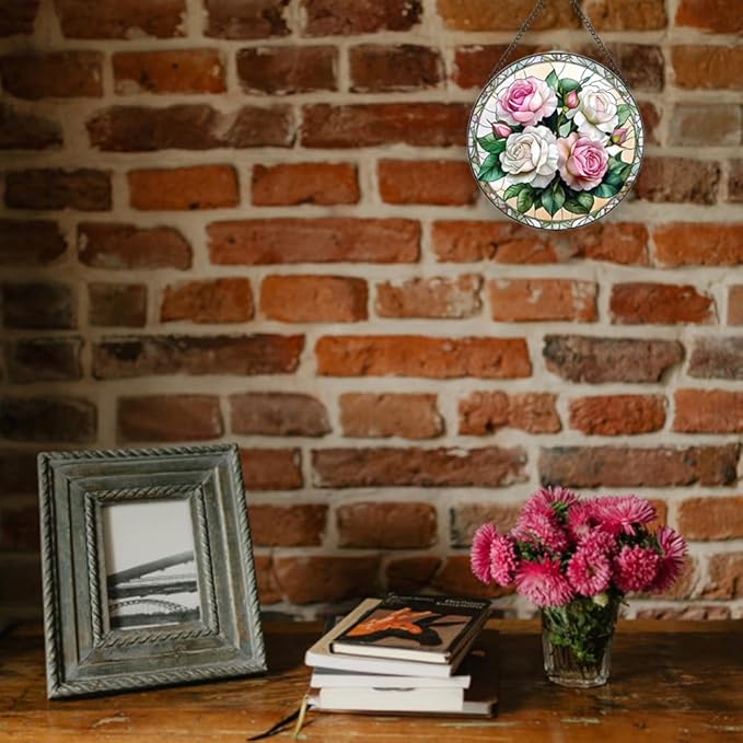 Handmade Rose Stained Glass Sun Catcher - Elegant Floral Window Hanging Ornament, Suncatcher for Home & Garden Decor, for Valentine's Day, Weddings & Mother's Day (Pink, 9.8 * 9.8IN)