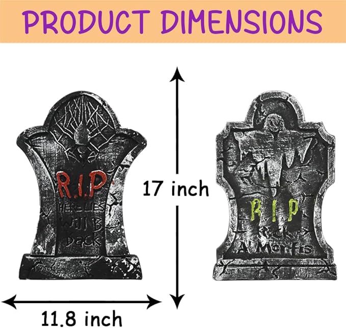 LUKBERA 5Pcs 17" Halloween Foam Tombstones, RIP Graveyard Tombstones with Bonus Metal Stakes Decorations for Halloween Lawn Yard Outdoor, Haunted House Decor