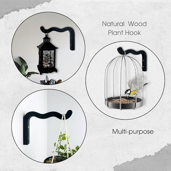 EvenWood 2-Piece Set of Wavy Wooden Wall Planters for Indoor Plants 6 Inch - Natural Plant Hook for Wall Plant, Wind Chimes, Flower Brackets, Patio Garden Decorations - Bracket Plant Hanger (Black)