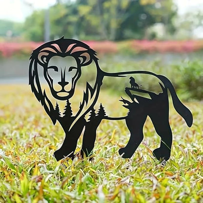 Garden Decorations Lion Metal Art Stake - Black Silhouette with Pine Tree Figure Design, Freestanding Outdoor Lawn Ornament for Yard Independence Day Decor - 38x35cm, Metal Statue