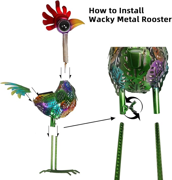 Outdoor Wacky Metal Rooster Garden Statue, Solar Wacky Rooster Yard Decor,Garden Decor for Outside,Solar Metal Chicken Statue for Patio,Porch,Yard,Lawn Ornament, Garden Chicken Gift