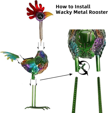 Outdoor Wacky Metal Rooster Garden Statue, Solar Wacky Rooster Yard Decor,Garden Decor for Outside,Solar Metal Chicken Statue for Patio,Porch,Yard,Lawn Ornament, Garden Chicken Gift