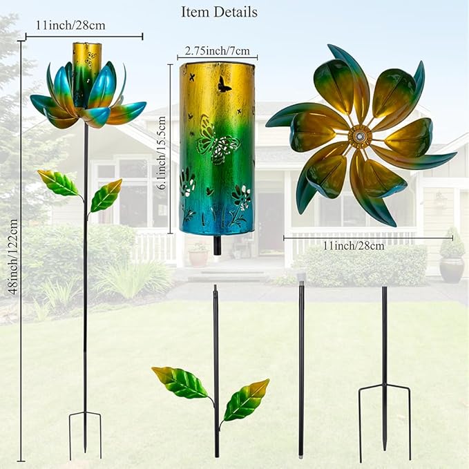 Stargarden Outdoor Solar Wind Spinners, Solar Wind Sculptures & Spinners, Flower Windmill with Solar Lantern for Yard and Garden (Green)
