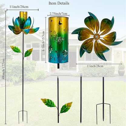 Stargarden Outdoor Solar Wind Spinners, Solar Wind Sculptures & Spinners, Flower Windmill with Solar Lantern for Yard and Garden (Green)