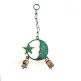 Metal Moon and Star Wind Chime, 13 Inch Celestial Garden Decor, Green Patina Finish with Rustic Copper Bells, Outdoor Hanging Accent