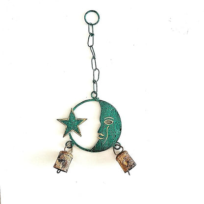 Metal Moon and Star Wind Chime, 13 Inch Celestial Garden Decor, Green Patina Finish with Rustic Copper Bells, Outdoor Hanging Accent