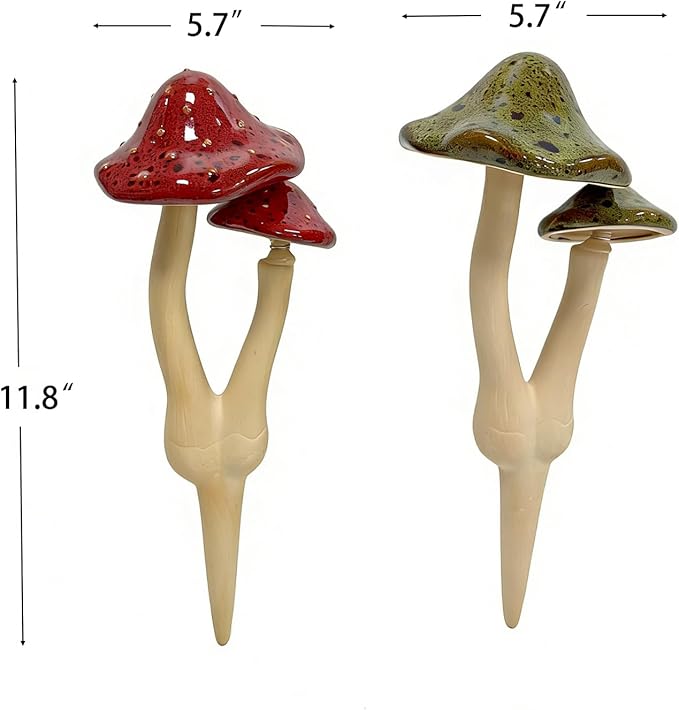 2pcs Ceramic Mushroom Garden Stake, Fairy Garden Figurines Decoration,Yard Outdoor Mushroom Decor, 11.8" in Height