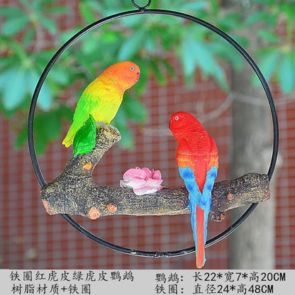 Mini Garden Statues Hanging Iron Ring Parrots, Resin Parrot Hanging Statue, Hanging Birds Figurine for Pathways Yard Patio Office Home Indoor Outdoor Tree Decorations (D-1)