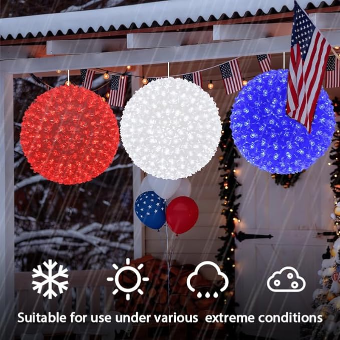 3PK 10in Patriotic Light Ball, 300LED Red White Blue Sphere Lights, Steady Hanging Globe Lights for 4th of July, Memorial Day, Independence Day & Veteran Day, Red White Blue Decor for Outdoor Home