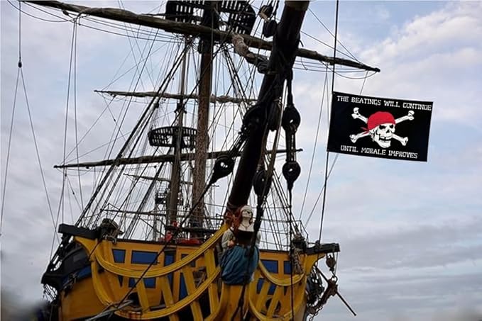 Pirtae Skull Boat Flag 12X18Inch, Quote The Beatings Will Be Continue Until Morale Improves Flags, Double-Sided Printed, Funny Meme Flags, Men Women Banner, Fade Proof Vivid Color, Double Stitched with 2 Brass Grommets, Bar Garden Street Decoration, GY...