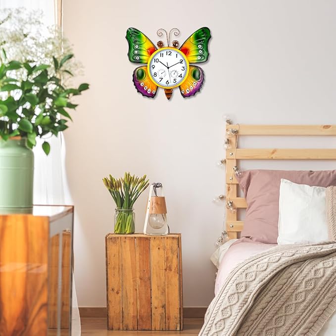 Large Outdoor Clock with Thermometer & Humidity - Silent Non-Ticking, Butterfly Outdoor Wall Clock for Patio, Garden, Kitchen, Living Room(Green & Gold)
