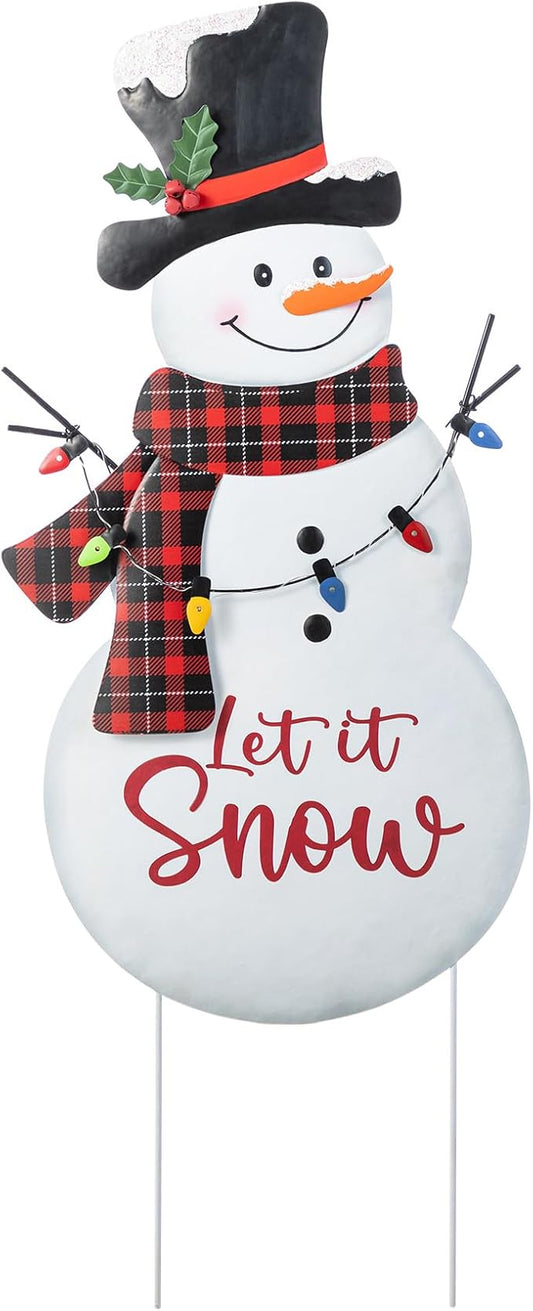 Glitzhome Lighted Metal Christmas Snowman Yard Stake with Colorful Strawberry Bulbs, 36" H Let it Snow Outdoor Decor, Iron Snowman Sign for Holiday Lawn & Garden