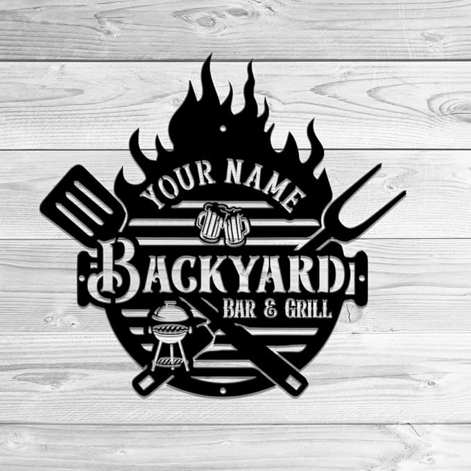 MeMate Backyard Sign and Decor Outdoor, Customized Backyard Bar and Grill Metal Sign, Personalized Outdoor Metal Signs, Large Plaque Wall Hanging Art for Patio, Men Caves, Restaurants