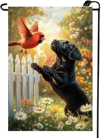 Spring Summer Black Lab Garden Flags 12x18 Double Sided, Small Burlap Seasonal Cardinal Floral Dog Garden Flag Spring Summer Outdoor Yard Decorations for Outside Lawn Decor