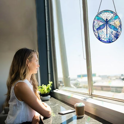 Dragonfly Suncatcher Stained Glass Window Hanging - 8” Handmade Suncatchers for Windows Door Home Garden Decor - Sun Catchers Indoor Wall Art Glass Panel Ornaments - Mothers Day Grandma Gifts for Mom